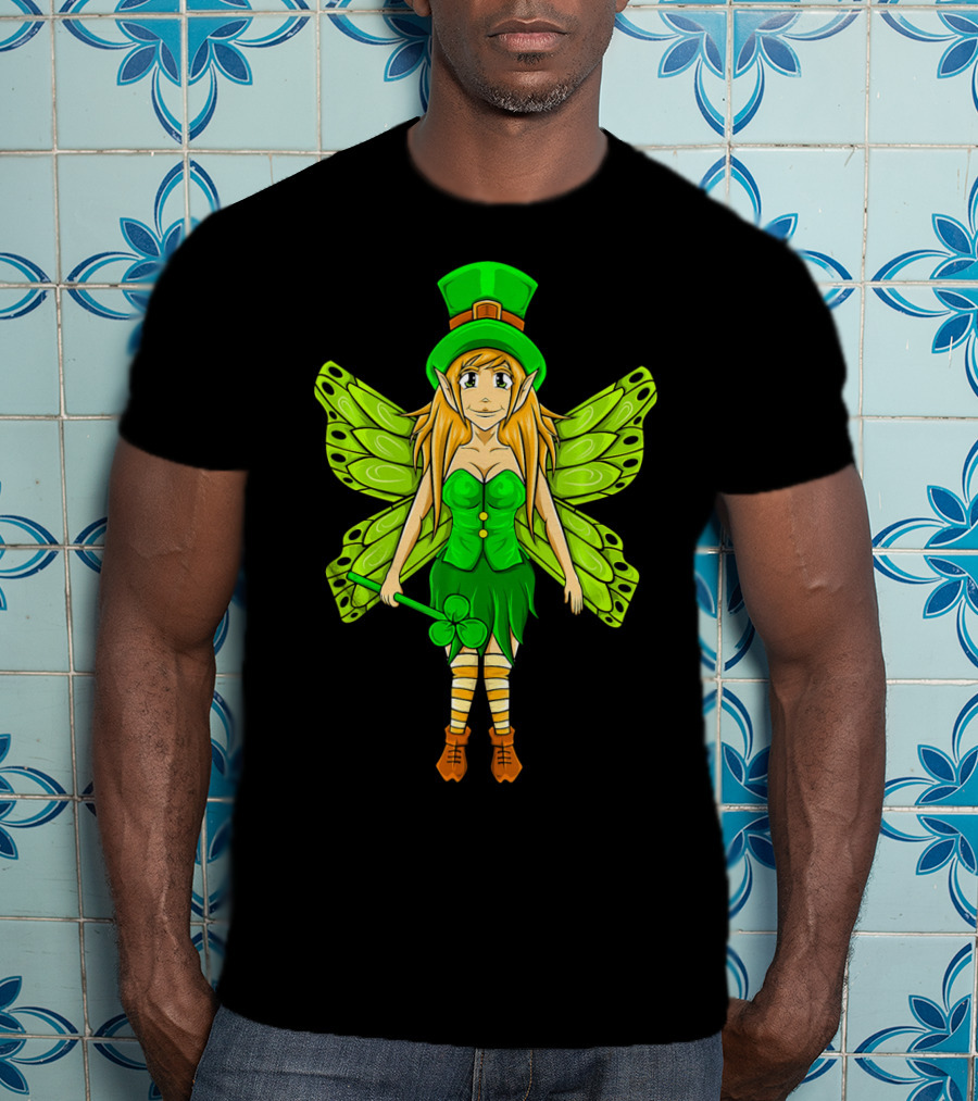 Funny St Patricks Day Leprechaun Fairy Girl With Green Wings And Clover Staff T-Shirt