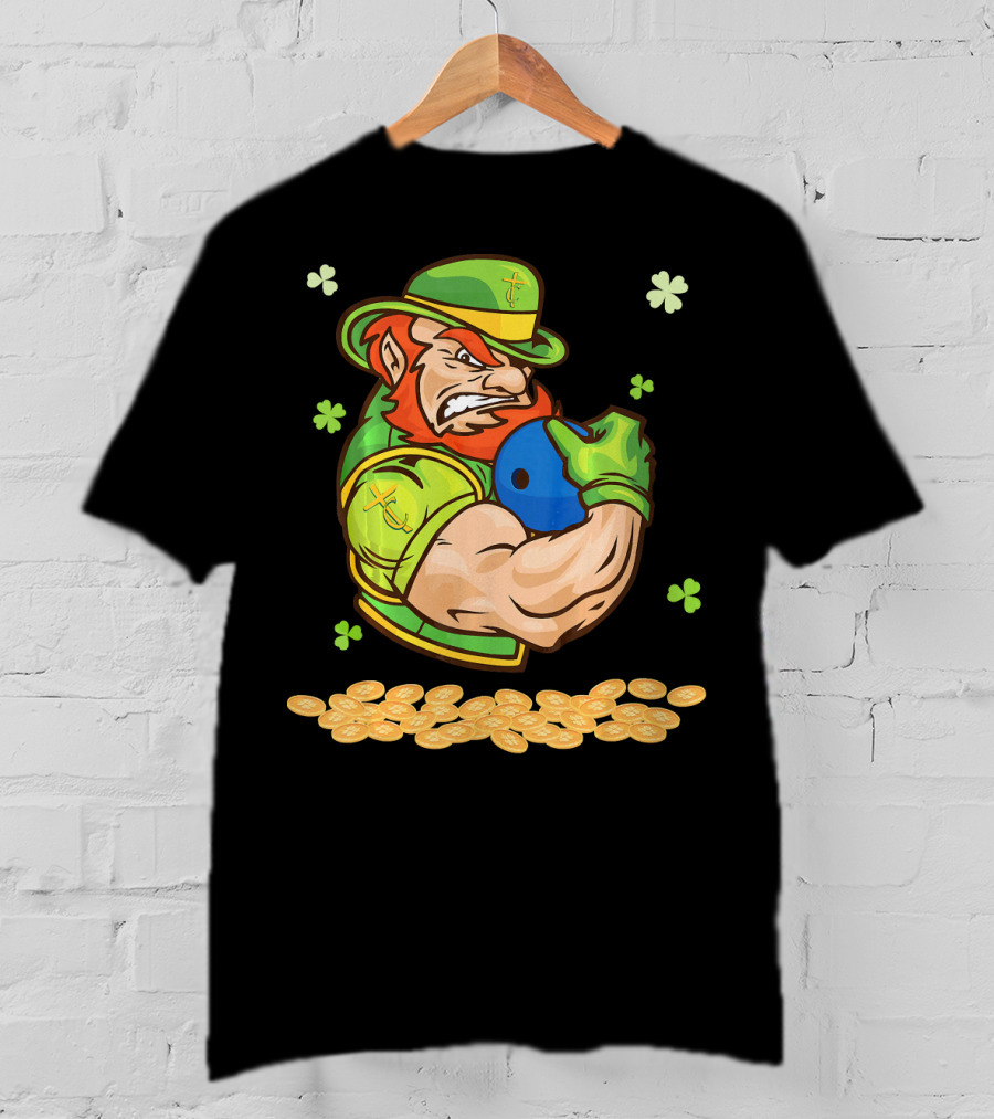 Leprechaun Playing Bowling Around Shamrock Coins And Clover T-Shirt
