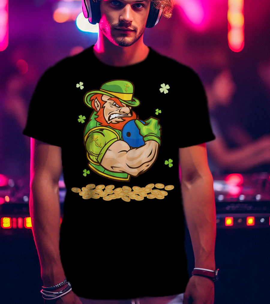 Leprechaun Playing Bowling Around Shamrock Coins And Clover T-Shirt