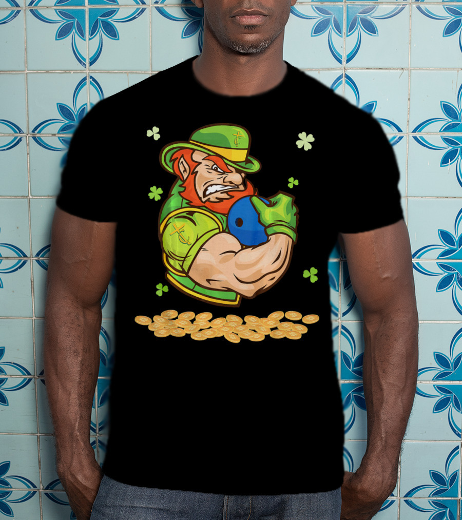 Leprechaun Playing Bowling Around Shamrock Coins And Clover T-Shirt