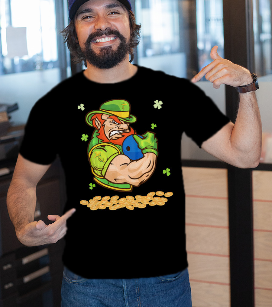 Leprechaun Playing Bowling Around Shamrock Coins And Clover T-Shirt