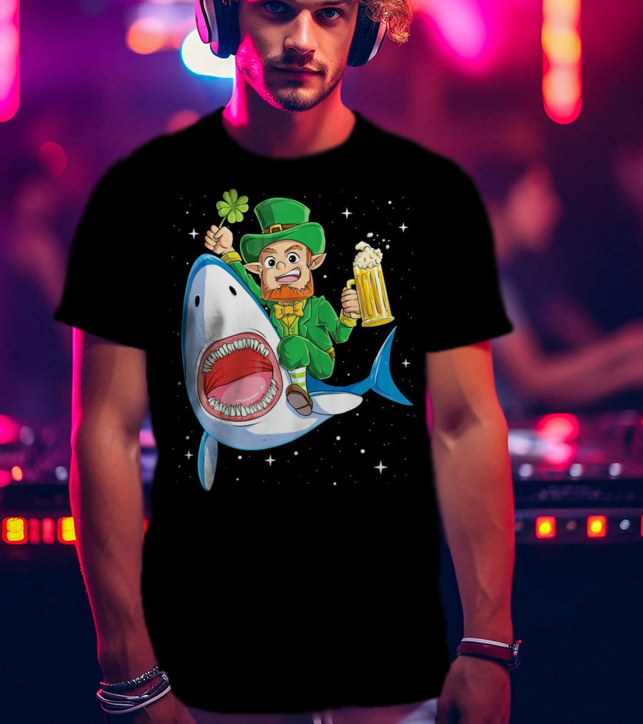 St Patricks Day Leprechaun Riding Shark With Beer Stein And Shamrock T-Shirt