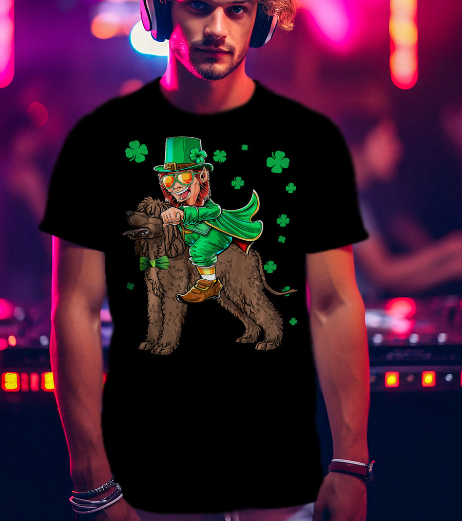 Leprechaun Riding Irish Water Spaniel With Shamrocks T-Shirt