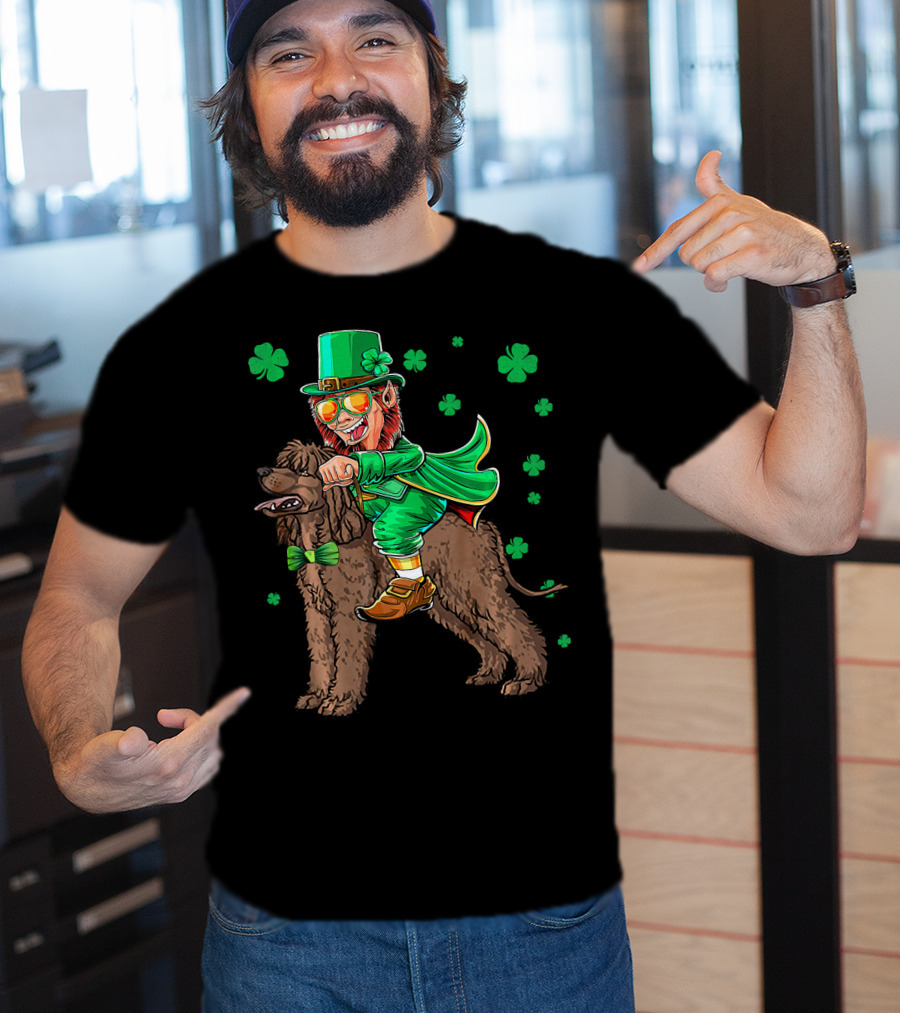 Leprechaun Riding Irish Water Spaniel With Shamrocks T-Shirt