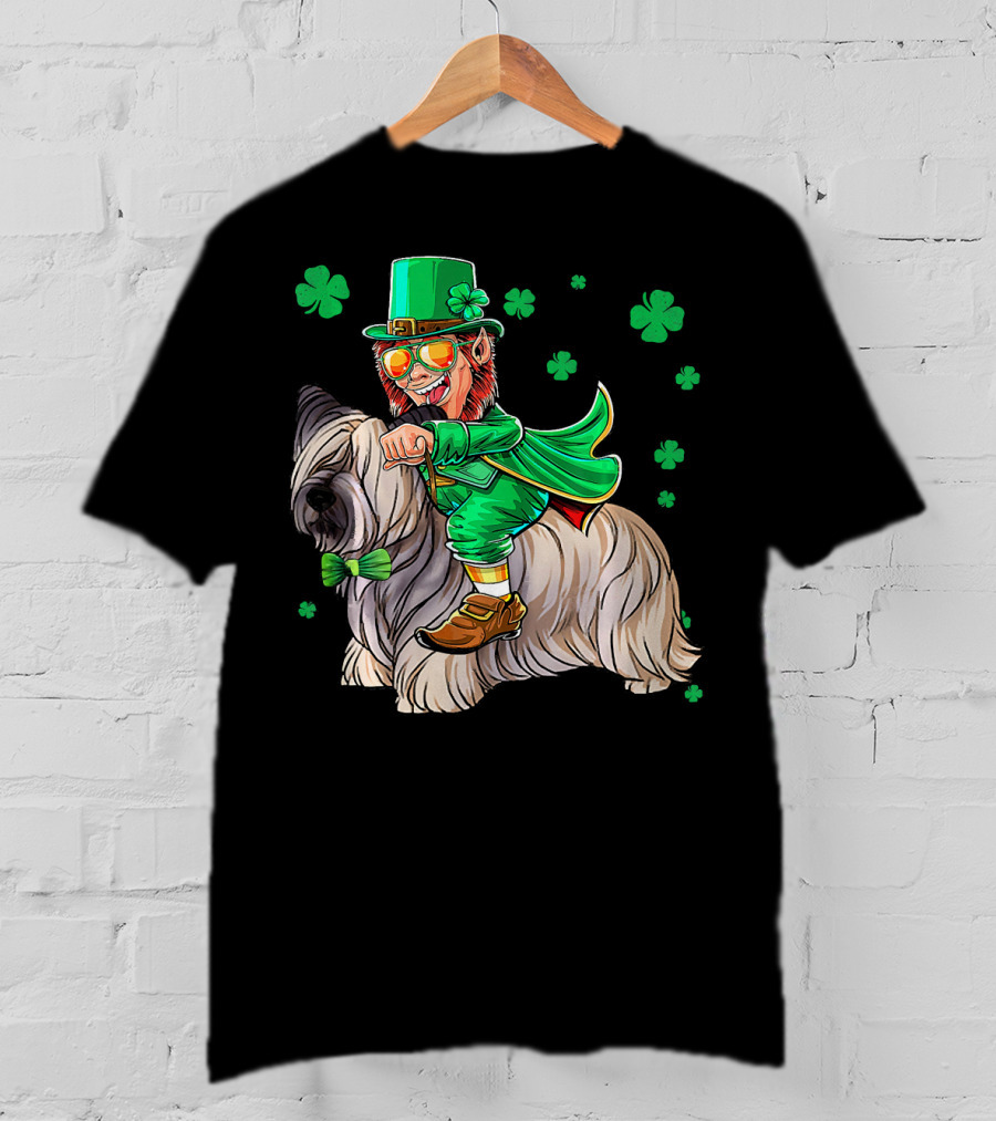 Leprechaun Riding Skye Terrier Shamrocks St. Patrick's Day T-Shirt