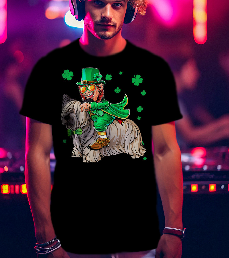 Leprechaun Riding Skye Terrier Shamrocks St. Patrick's Day T-Shirt