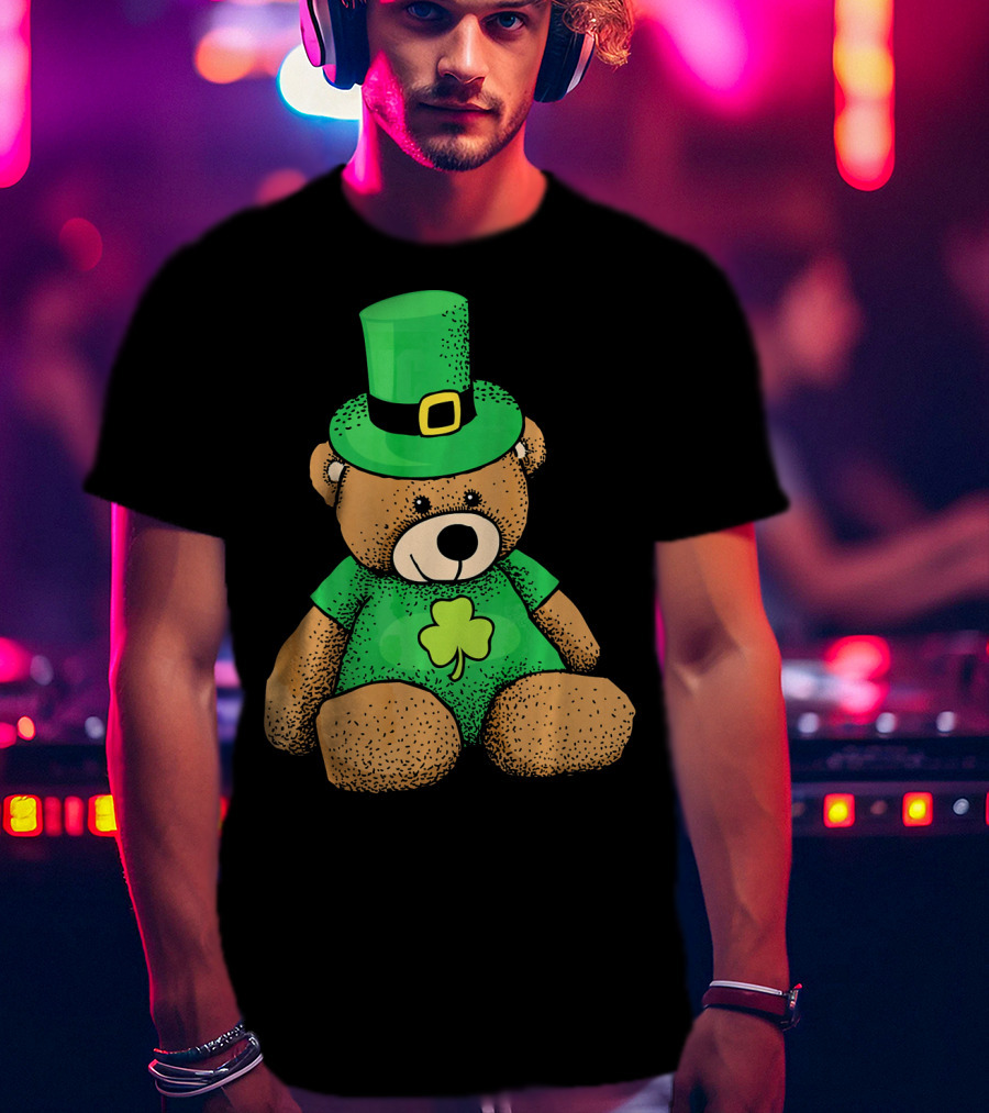 St. Patrick's Day Irish Teddy Bear With Leprechaun Hat And Clover T-Shirt