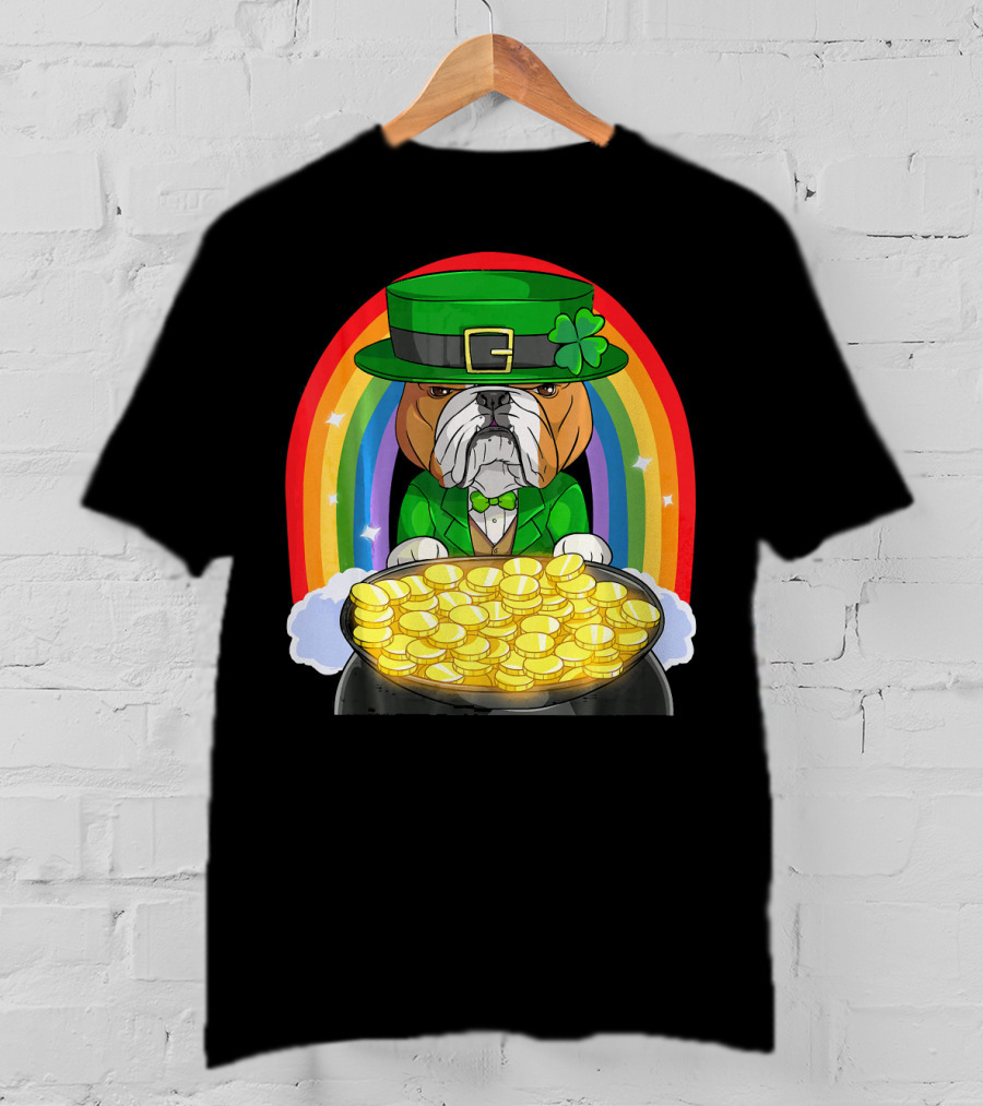 English Bulldog St Patricks Day Leprechaun Pot Of Gold Rainbow T-Shirt