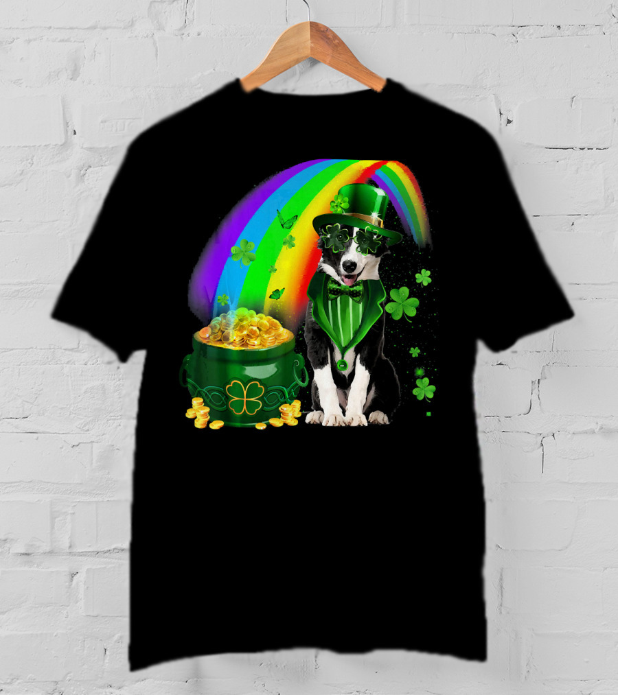 Border Collie Irish Leprechaun With Rainbow And Pot Of Gold Coins T-Shirt