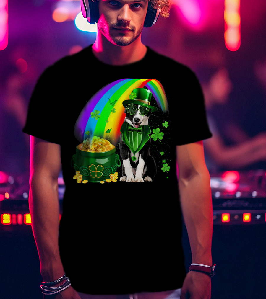 Border Collie Irish Leprechaun With Rainbow And Pot Of Gold Coins T-Shirt