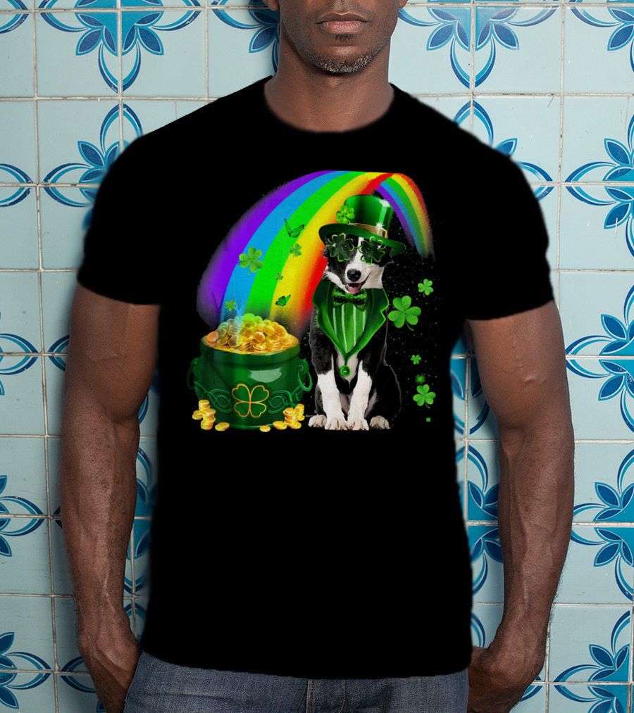 Border Collie Irish Leprechaun With Rainbow And Pot Of Gold Coins T-Shirt