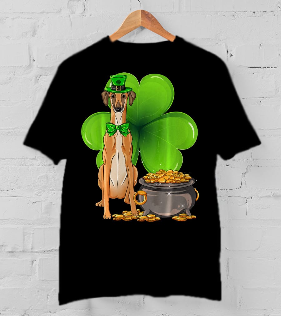 Sloughi Dog With Leprechaun Hat And Clover St Patricks Day Pot Of Gold T-Shirt