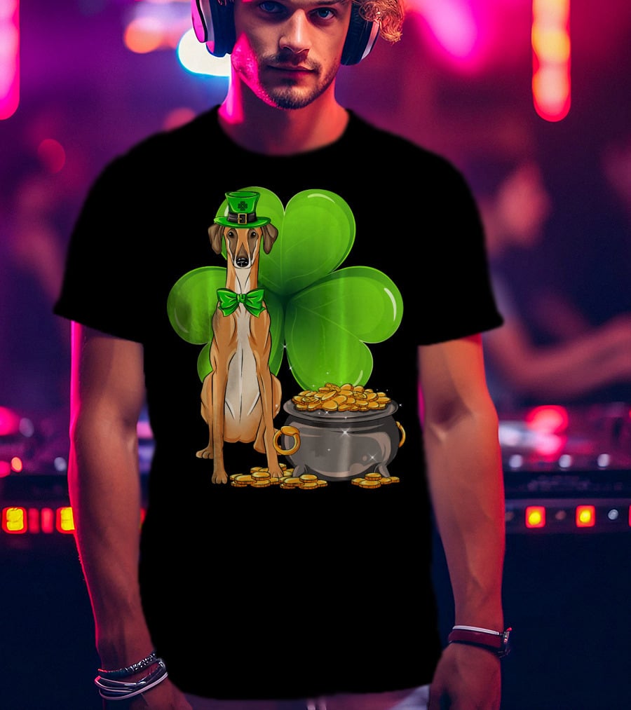 Sloughi Dog With Leprechaun Hat And Clover St Patricks Day Pot Of Gold T-Shirt
