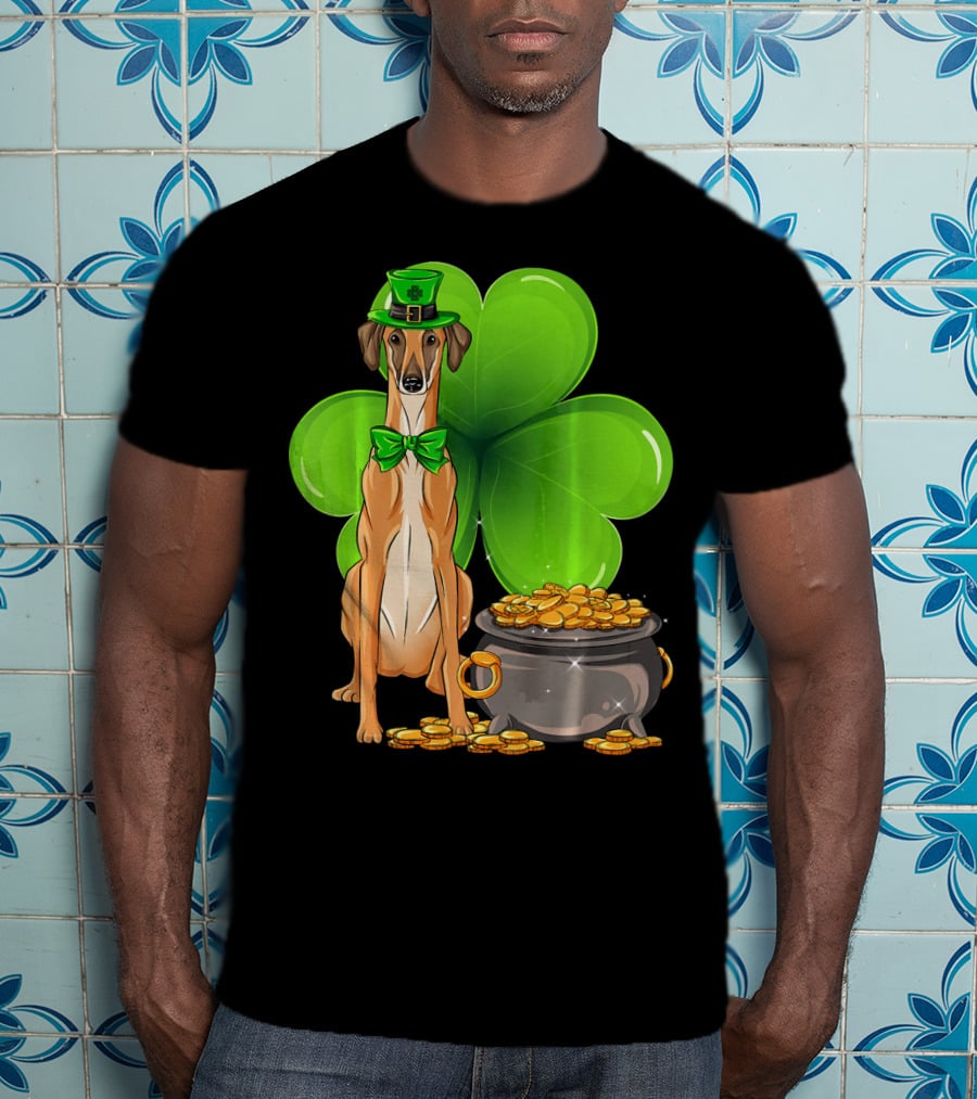 Sloughi Dog With Leprechaun Hat And Clover St Patricks Day Pot Of Gold T-Shirt