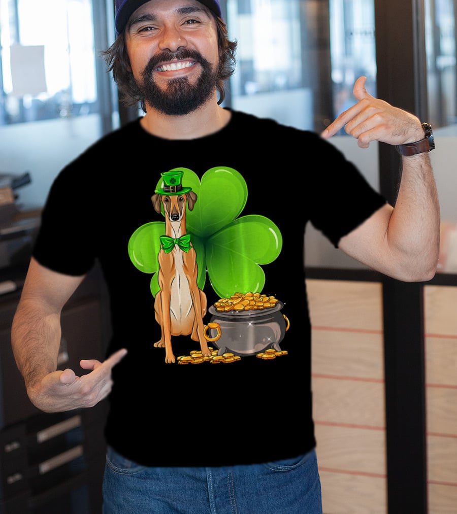 Sloughi Dog With Leprechaun Hat And Clover St Patricks Day Pot Of Gold T-Shirt