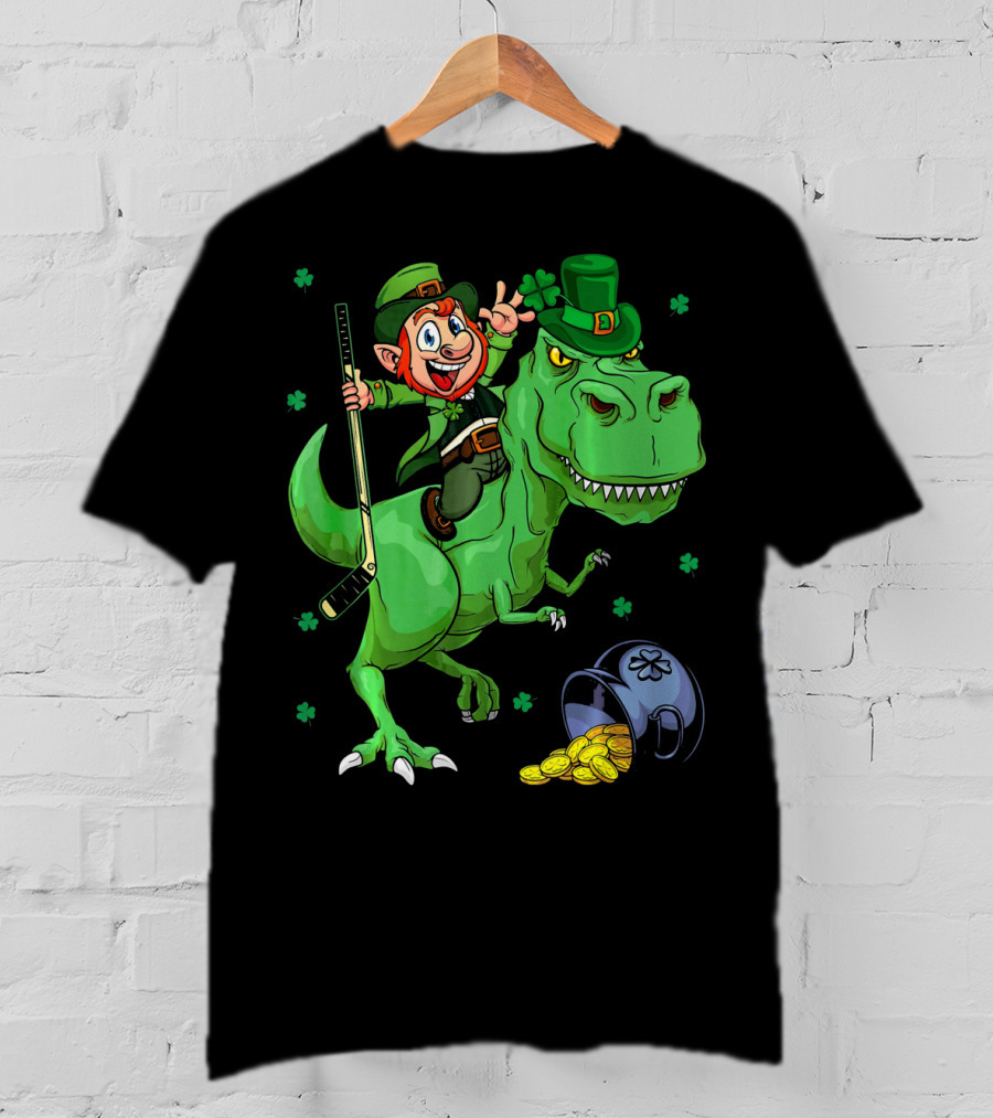 Funny St. Pat Rex Day Leprechaun Riding Dinosaur With Hockey Stick And Gold Coins T-Shirt