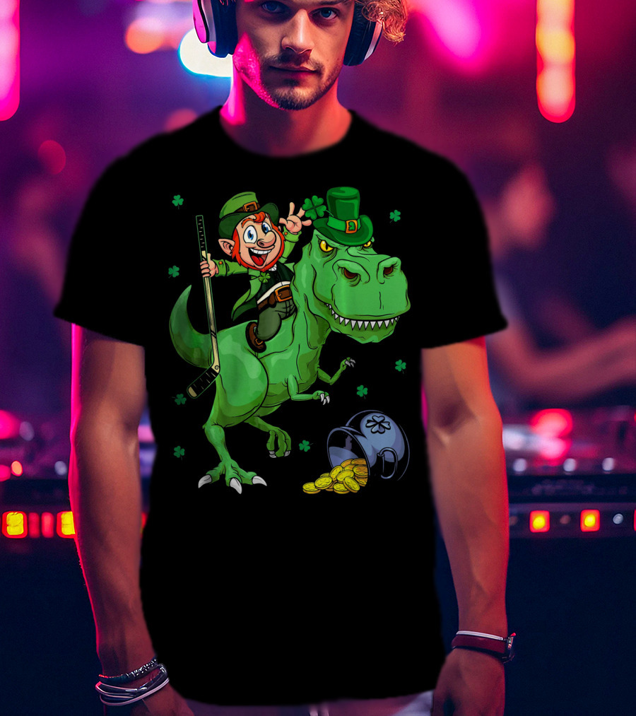 Funny St. Pat Rex Day Leprechaun Riding Dinosaur With Hockey Stick And Gold Coins T-Shirt