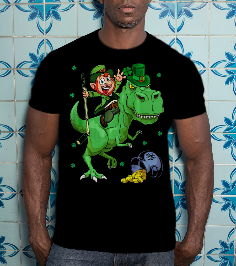 Funny St. Pat Rex Day Leprechaun Riding Dinosaur With Hockey Stick And Gold Coins T-Shirt