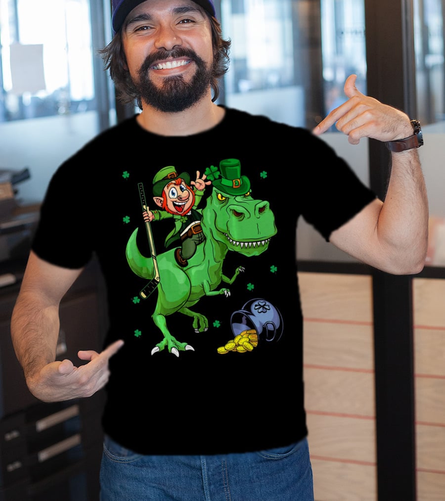 Funny St. Pat Rex Day Leprechaun Riding Dinosaur With Hockey Stick And Gold Coins T-Shirt