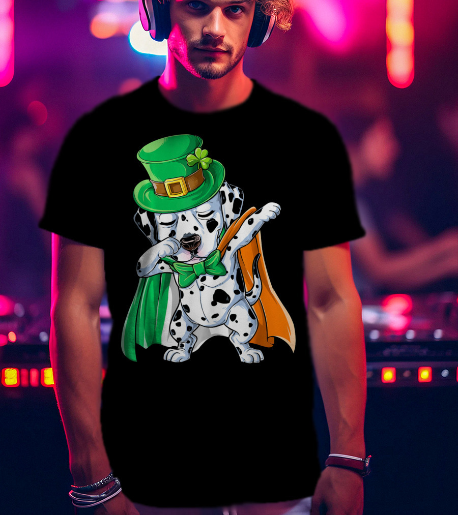 Saint Patrick's Day Dabbing Dalmatian In Green Hat And Irish Colors T-Shirt