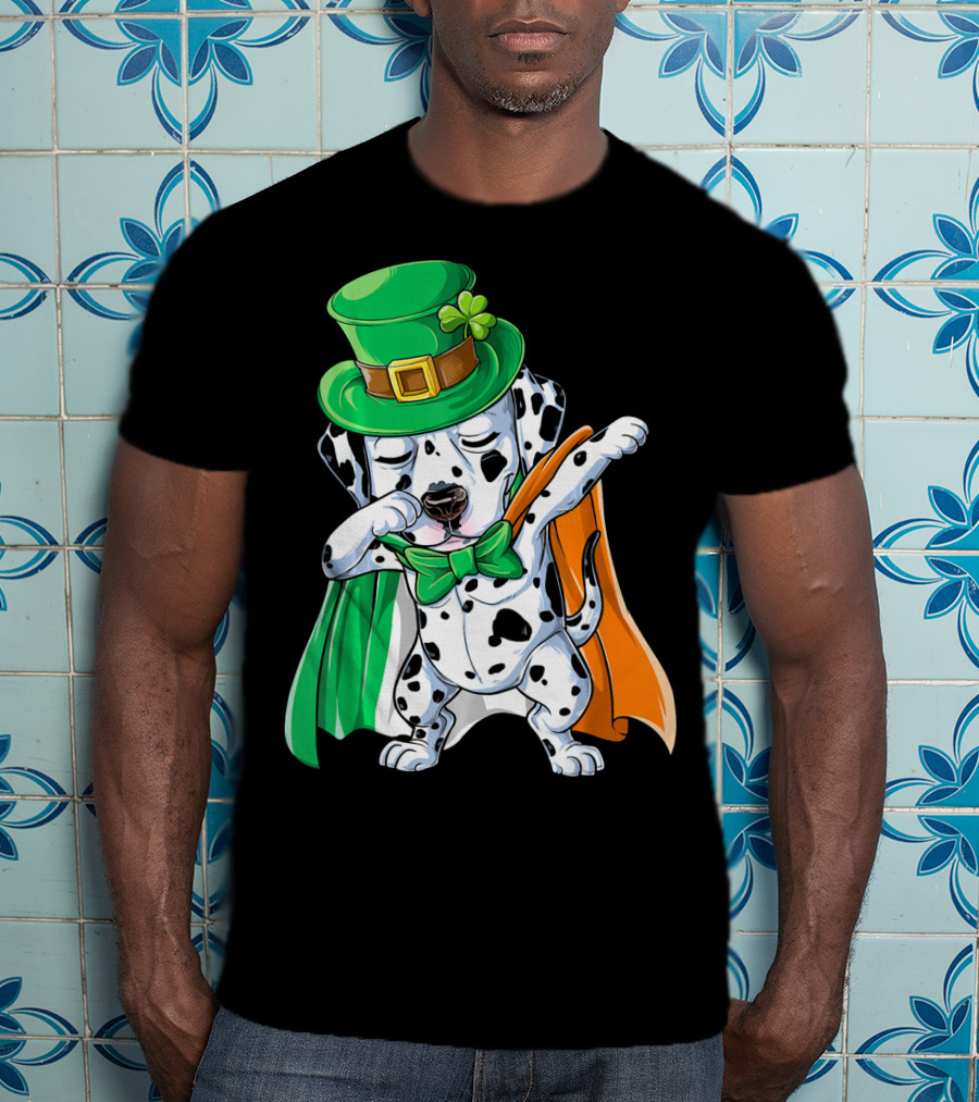 Saint Patrick's Day Dabbing Dalmatian In Green Hat And Irish Colors T-Shirt
