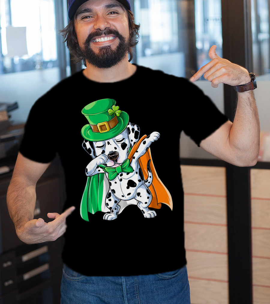 Saint Patrick's Day Dabbing Dalmatian In Green Hat And Irish Colors T-Shirt