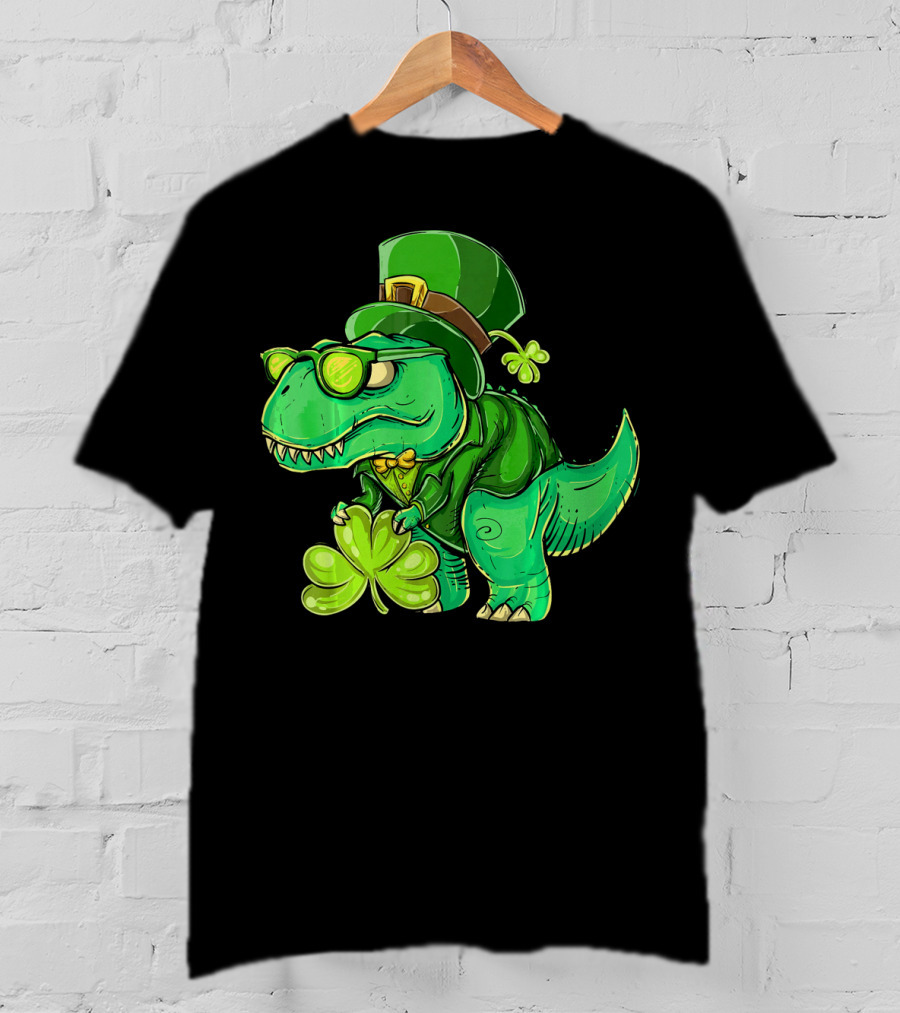 St Patricks Day Irish Dinosaur With Shamrock And Leprechaun Hat T-Shirt