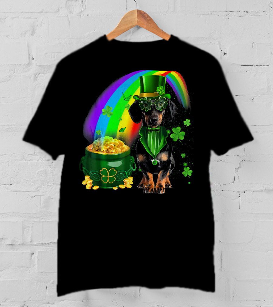Dachshund Dog Irish Leprechaun With Pot Of Gold And Rainbow T-Shirt