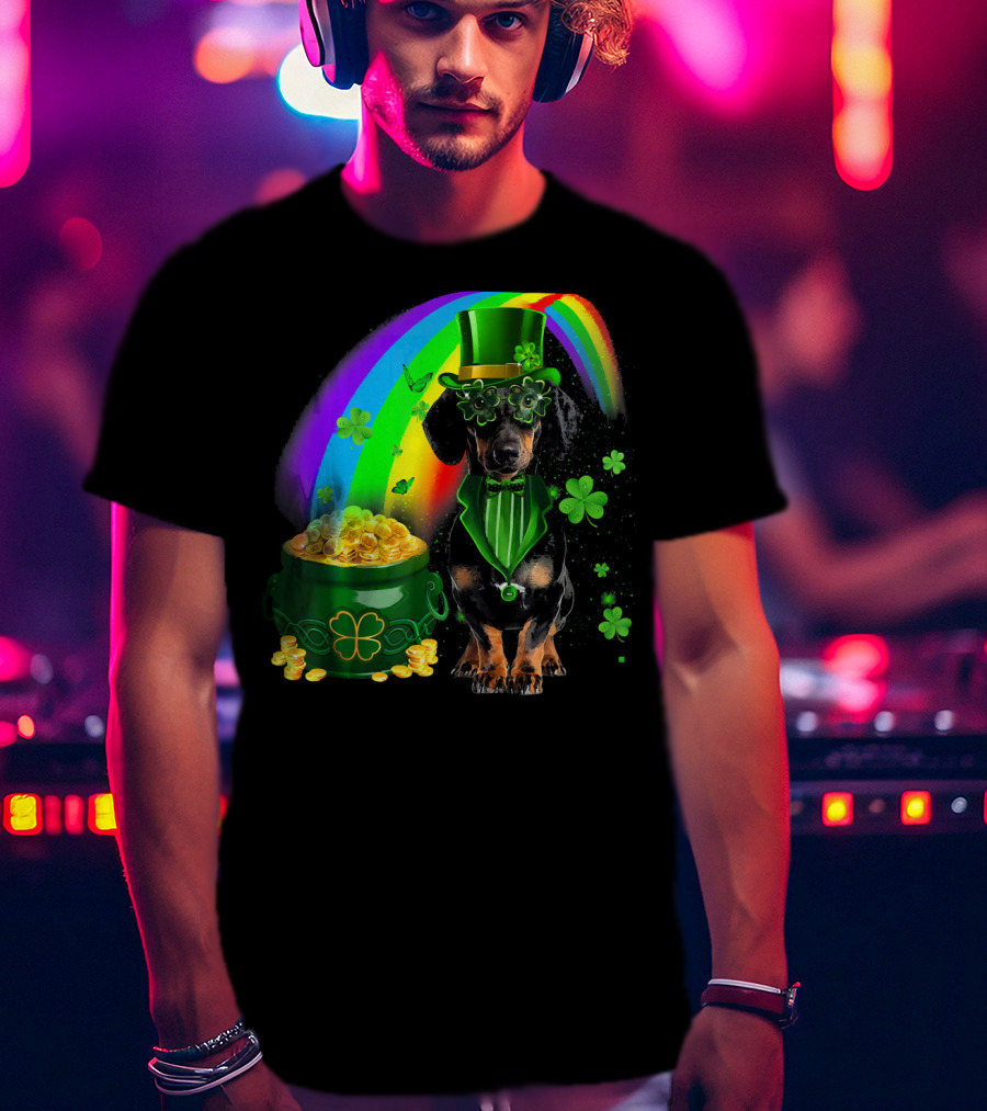 Dachshund Dog Irish Leprechaun With Pot Of Gold And Rainbow T-Shirt