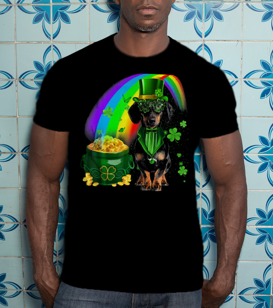 Dachshund Dog Irish Leprechaun With Pot Of Gold And Rainbow T-Shirt