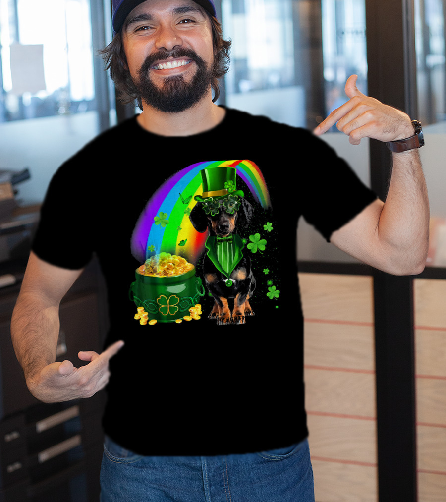 Dachshund Dog Irish Leprechaun With Pot Of Gold And Rainbow T-Shirt
