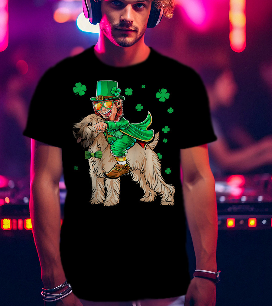 Leprechaun Riding Soft Coated Wheaten Terrier With Shamrocks T-Shirt