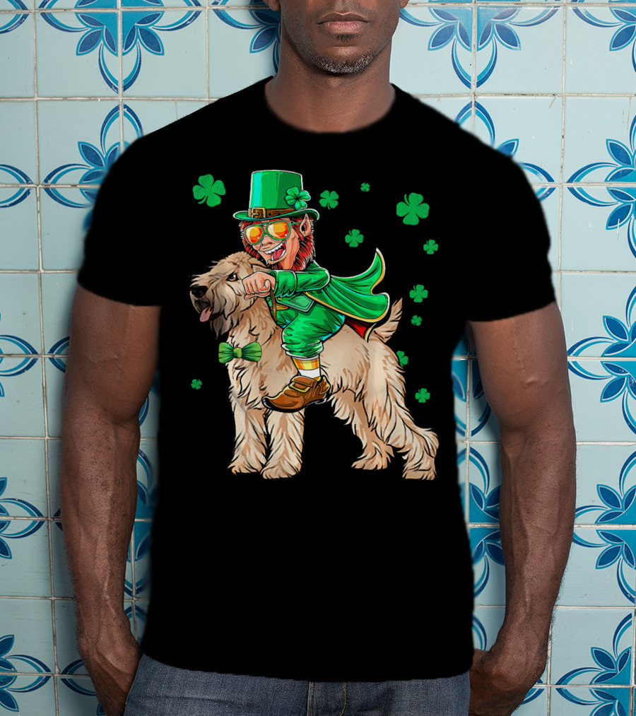 Leprechaun Riding Soft Coated Wheaten Terrier With Shamrocks T-Shirt