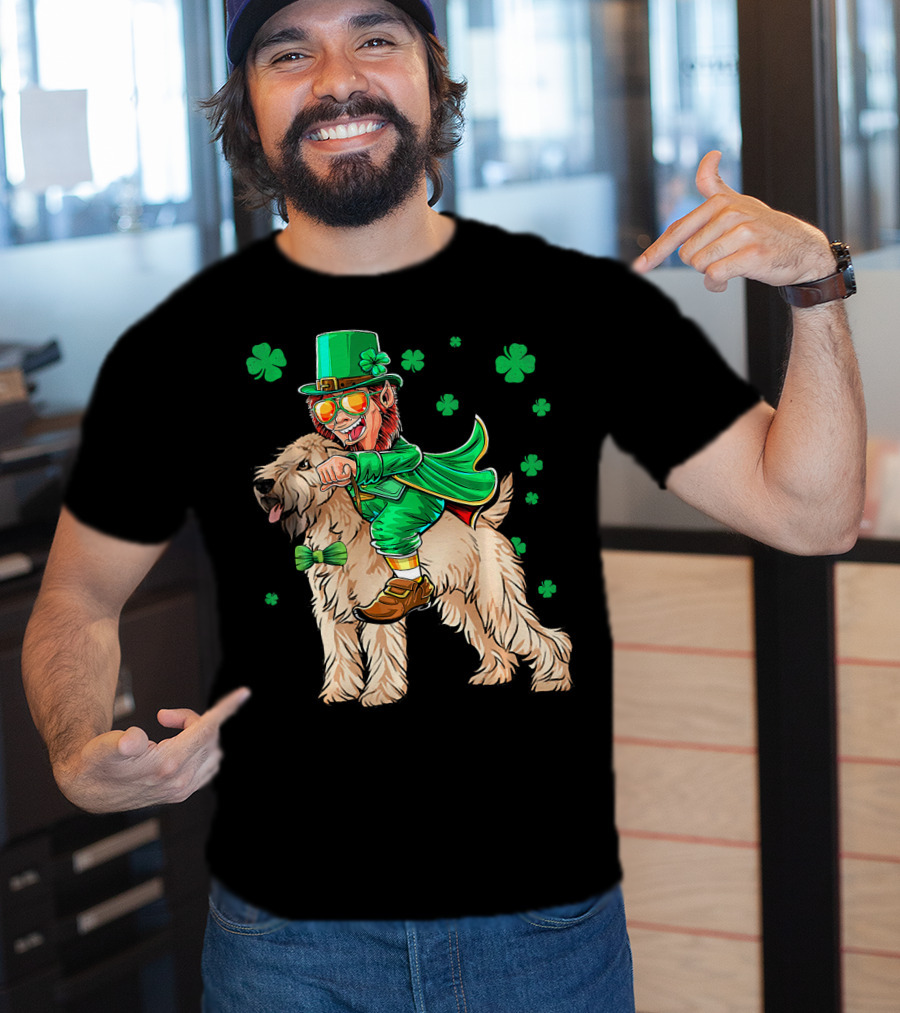 Leprechaun Riding Soft Coated Wheaten Terrier With Shamrocks T-Shirt