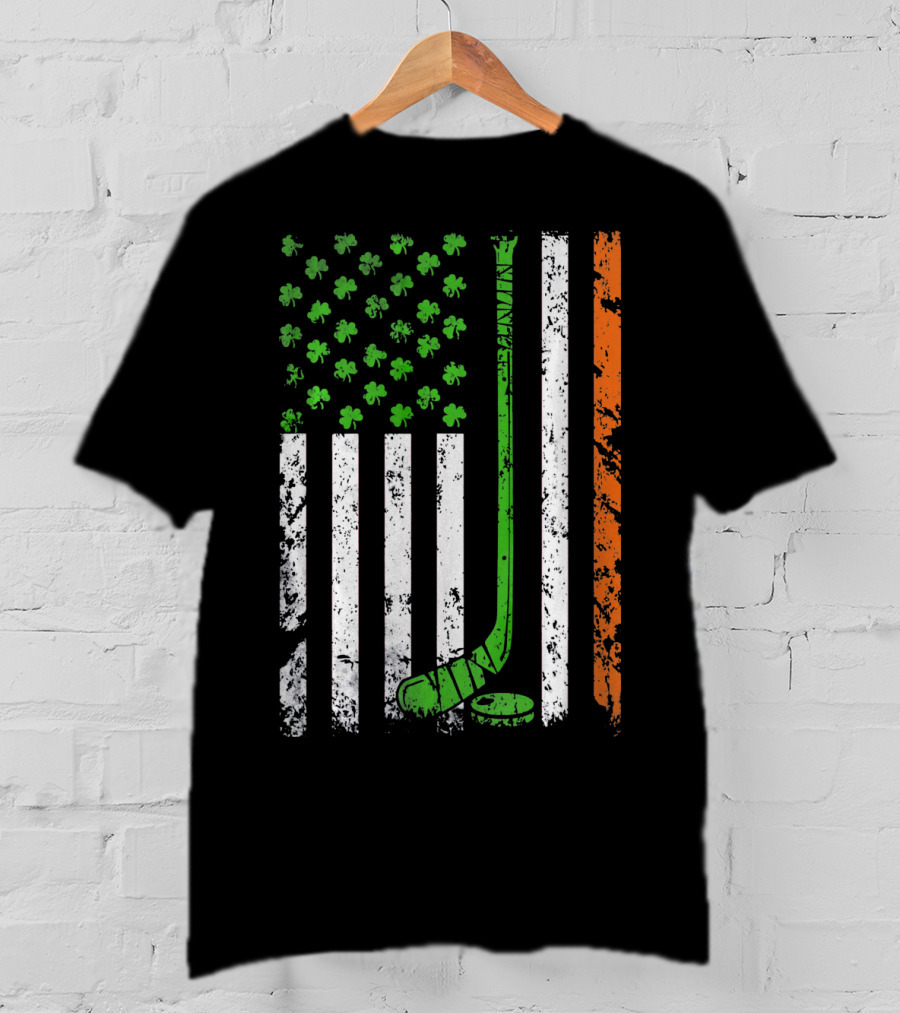 Irish American Hockey Flag With Shamrocks And Hockey Stick T-Shirt