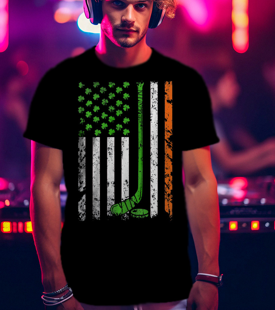 Irish American Hockey Flag With Shamrocks And Hockey Stick T-Shirt