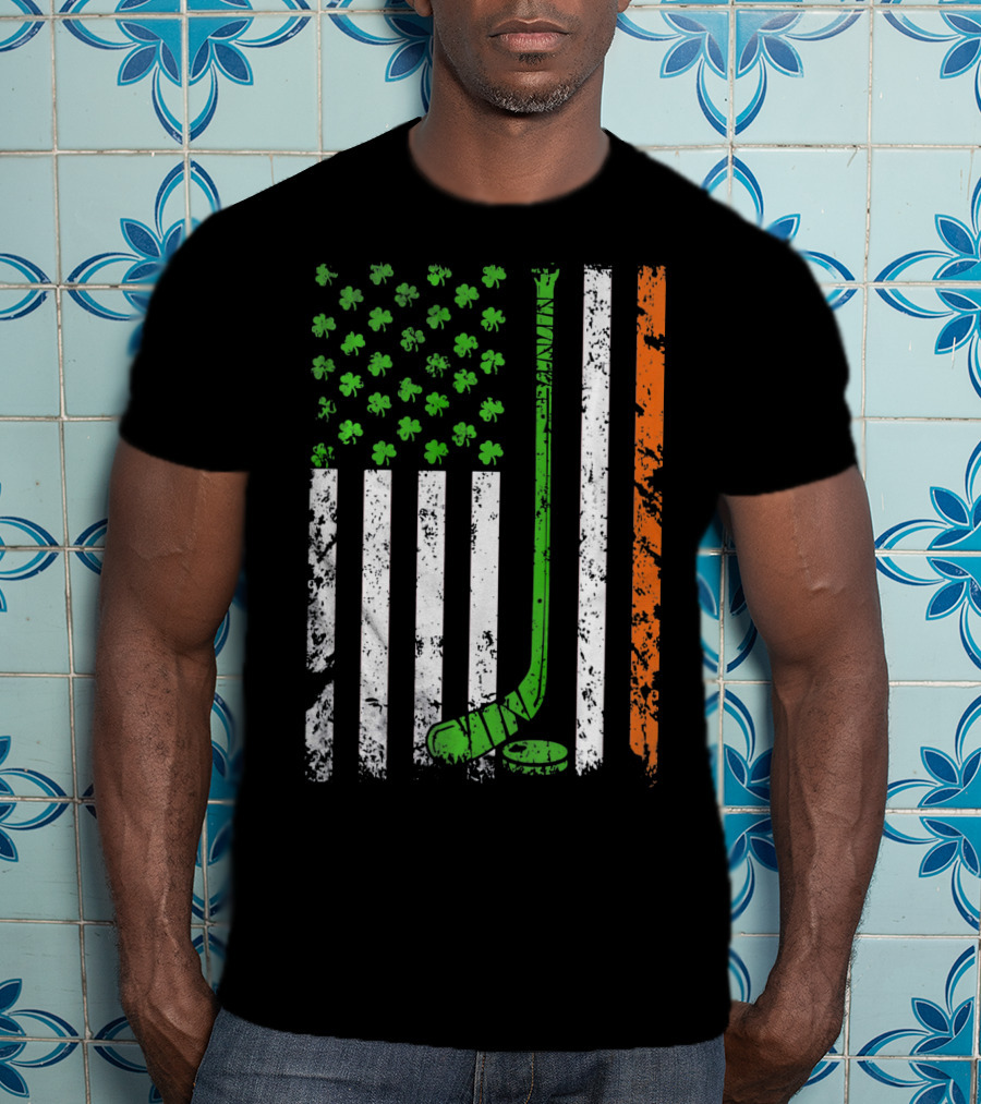Irish American Hockey Flag With Shamrocks And Hockey Stick T-Shirt