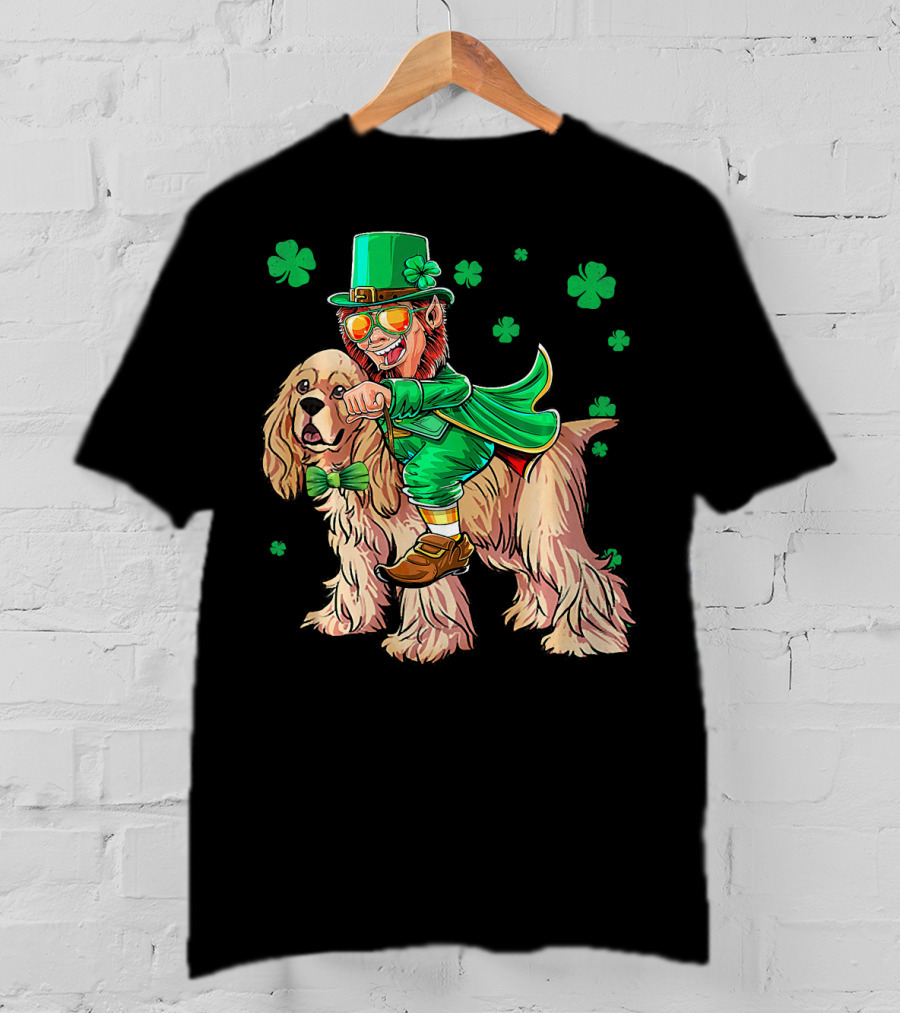 Leprechaun Riding Cocker Spaniel With Shamrocks T-Shirt