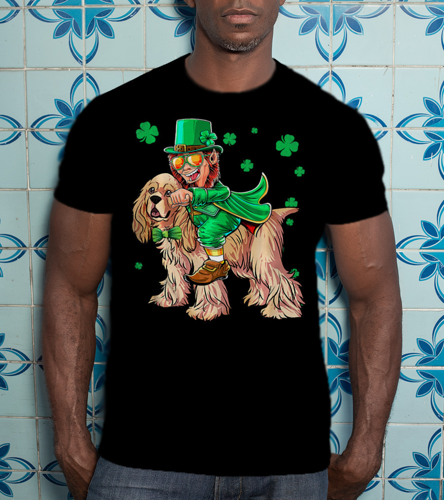 Leprechaun Riding Cocker Spaniel With Shamrocks T-Shirt
