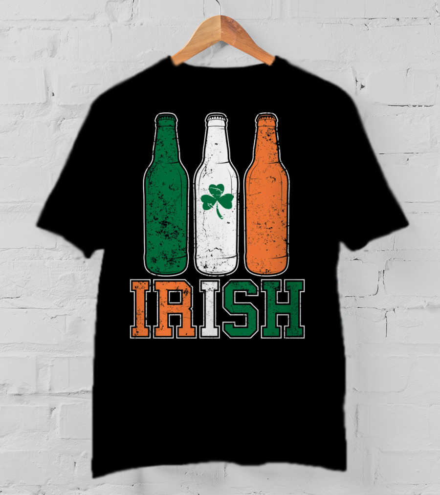 IRISH St Paddys Day Drinking Bottles With Shamrock Flag T-Shirt