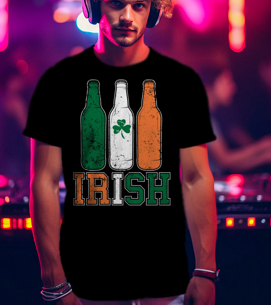 IRISH St Paddys Day Drinking Bottles With Shamrock Flag T-Shirt