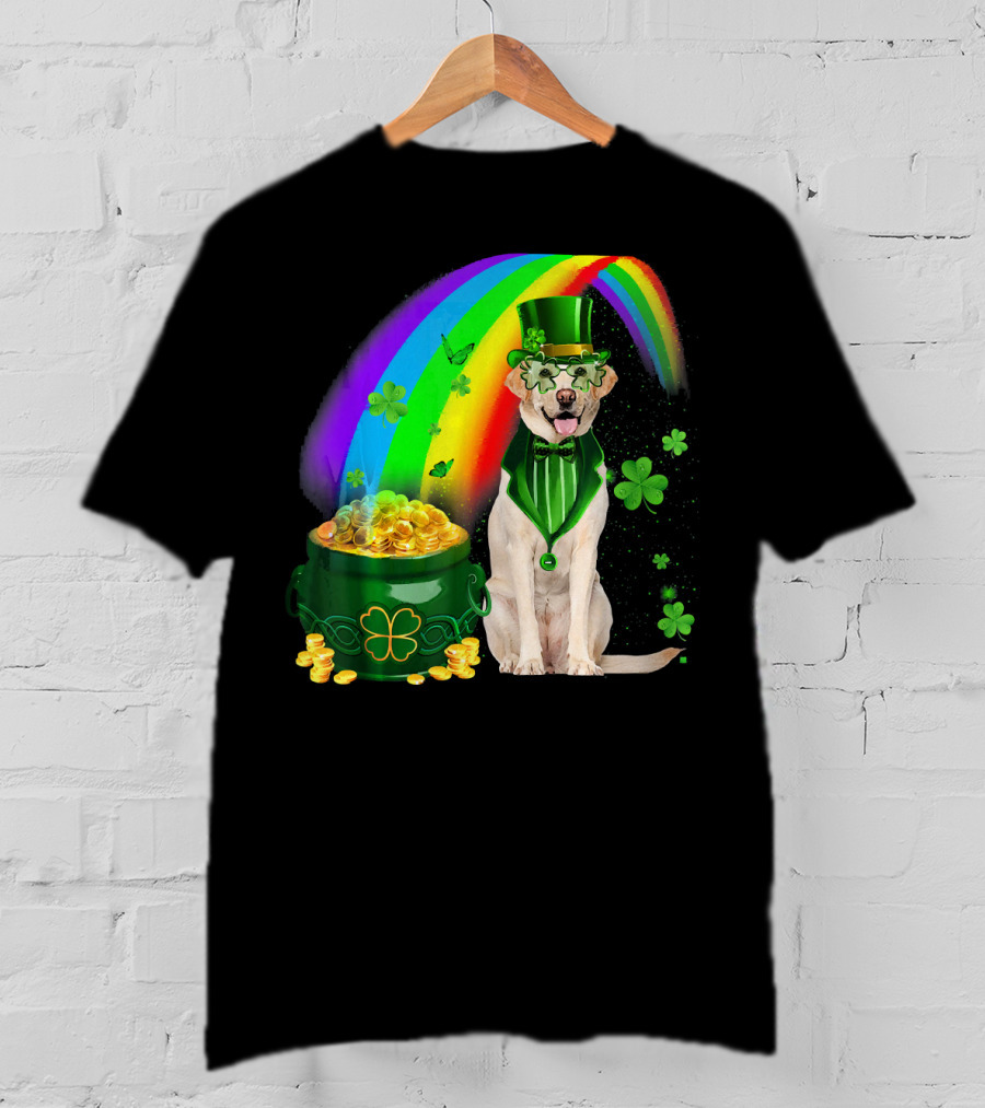 Labrador Dog Leprechaun With Rainbow Coins And Shamrock Saint Patrick's Day Irish Charm T-Shirt