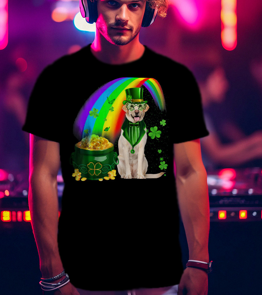Labrador Dog Leprechaun With Rainbow Coins And Shamrock Saint Patrick's Day Irish Charm T-Shirt