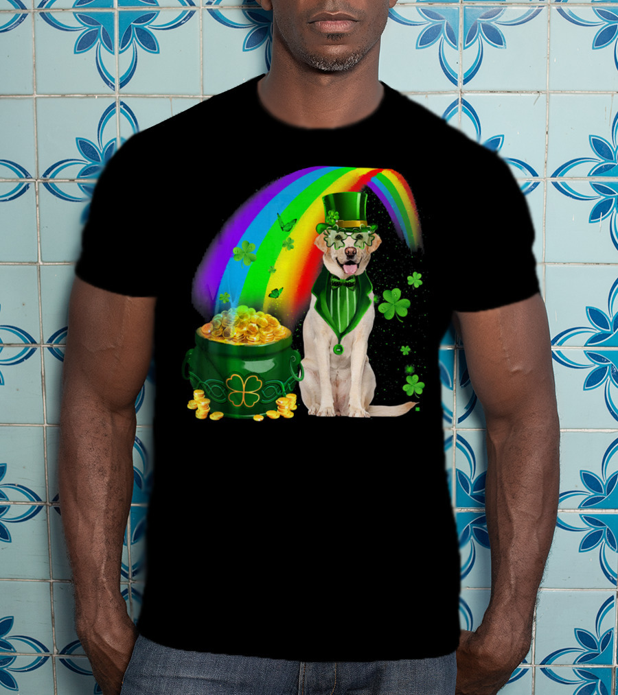 Labrador Dog Leprechaun With Rainbow Coins And Shamrock Saint Patrick's Day Irish Charm T-Shirt