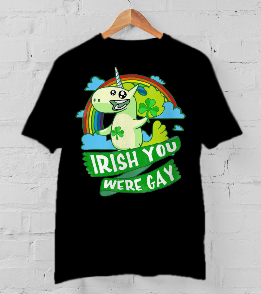 Unicorn Irish You Were Gay Rainbow Shamrock Clouds T-Shirt