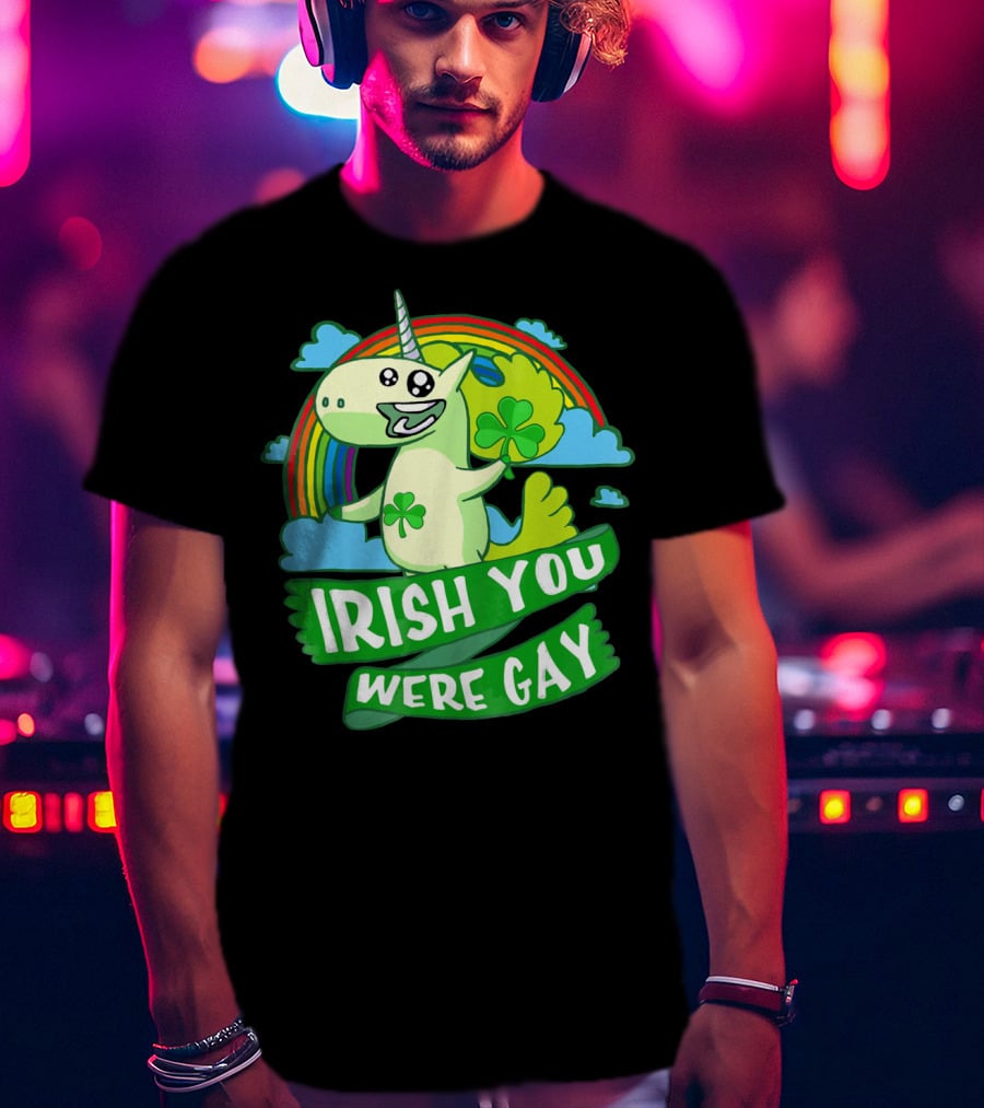 Unicorn Irish You Were Gay Rainbow Shamrock Clouds T-Shirt