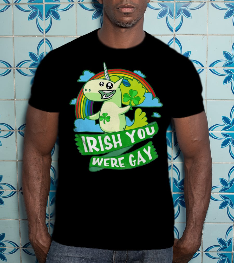 Unicorn Irish You Were Gay Rainbow Shamrock Clouds T-Shirt