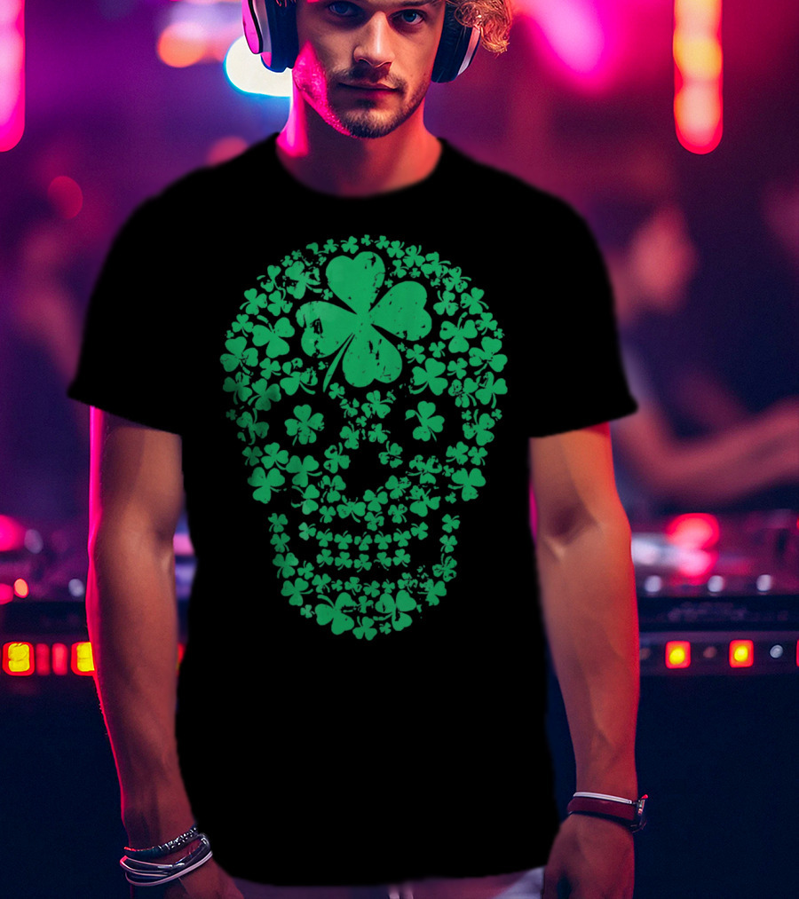 Shamrock Skull Clover Leaf Irish Luck T-Shirt