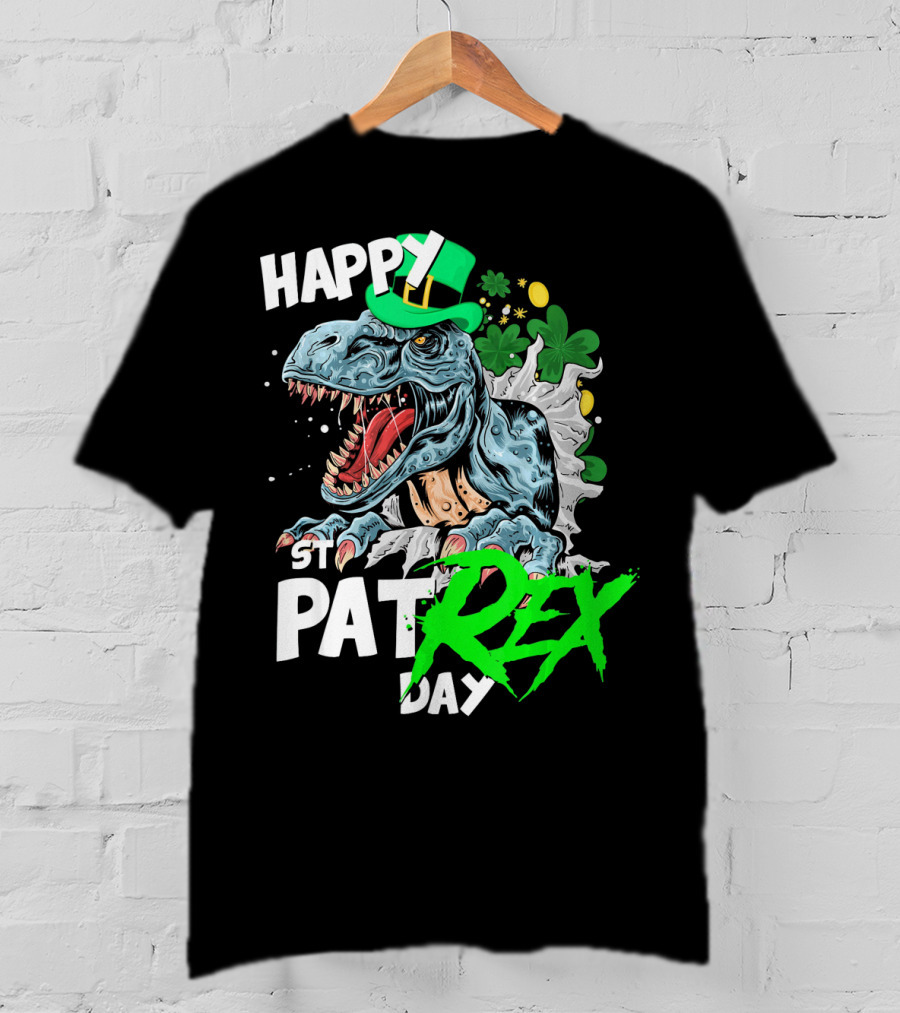 St Patricks Day Rex Happy Pat With Leprechaun Hat And Shamrocks T-Shirt