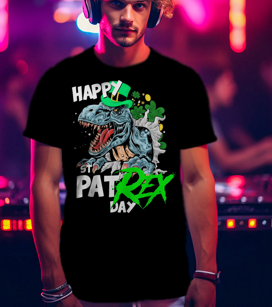 St Patricks Day Rex Happy Pat With Leprechaun Hat And Shamrocks T-Shirt